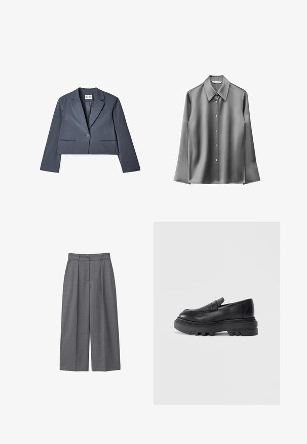 Skåret grå blazer lavet af glat stof, der har to forlommer, en enkelt knaplukning og en notched revers. Foring synlig indvendigt.; Grå satinlangærmet skjorte med spids krave, knaplukning og udvidede manchetter. Glat tekstur med en diskret glans.; Grå bredbenede bukser lavet af glat stof, med høj talje, læg, knaplukning og sidelommer. Minimalistisk design.; Sorte læder loafers med en kraftig sort sål og tekstureret stropdetalje. Den glatte overflade og den afrundede form forstærker dens moderne design.