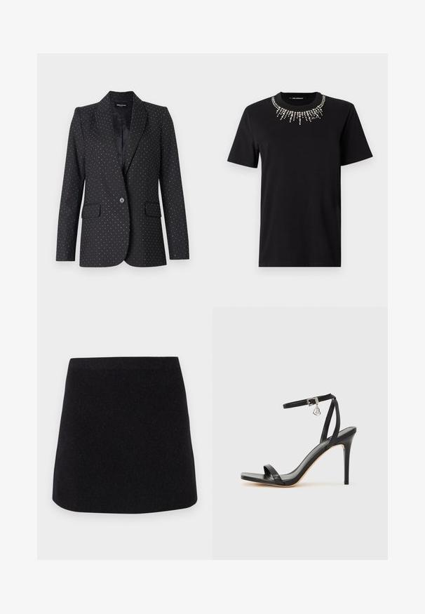 Zadig & Voltaire VAVY STRASS - Σακάκι - black; Μαύρο κοντομάνικο T-shirt από βαμβάκι, με διακοσμητικό γιακαδάκι από στρας σε μοτίβο έκρηξης. Ελαφρύ και εφαρμοστό σχέδιο.; CLOSED Φούστα σε γραμμή Α - black; Μαύρο σανδάλι με ψηλό τακούνι, στενό λουράκι στον αστράγαλο, τετράγωνη μύτη, υλικό από λείο δέρμα και μεταλλικό διακοσμητικό πόρπη.