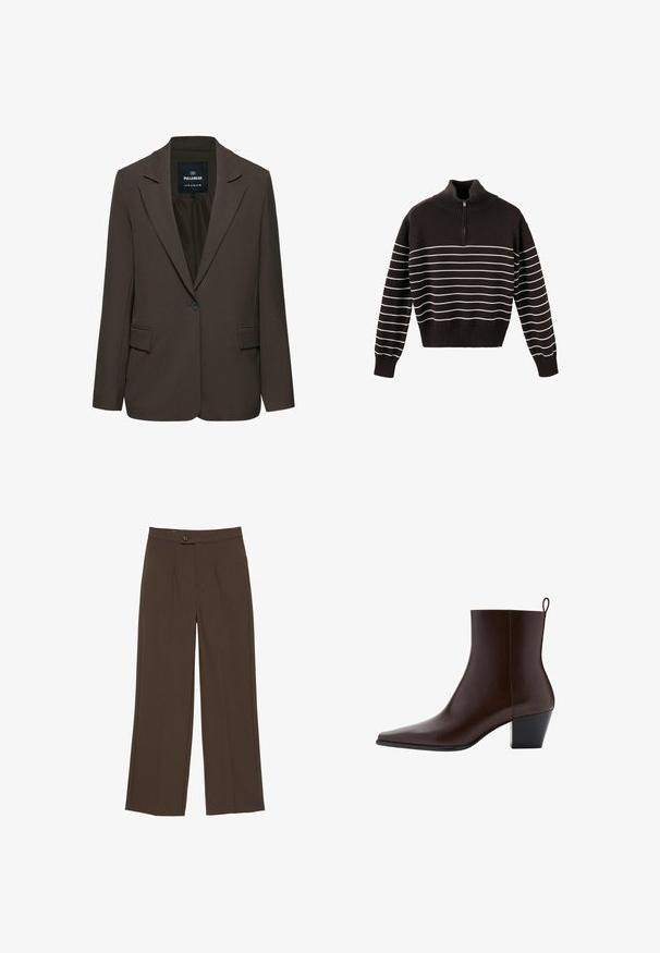 Blazer marron foncé à un bouton avec revers crantés et poches à rabat devant, étiquette Pull&Bear, taille EUR M USA M MEX 28.; Pull en maille marron foncé avec des rayures horizontales blanches, col montant côtelé avec fermeture éclair, manches longues, poignets et ourlet côtelés.; Pantalon large marron avec un bouton à l'avant et une fermeture éclair dissimulée, présentant des plis marqués le long des jambes.; Bottine en cuir marron foncé avec bout pointu, petit talon bloc et languette à l’arrière sur fond blanc.