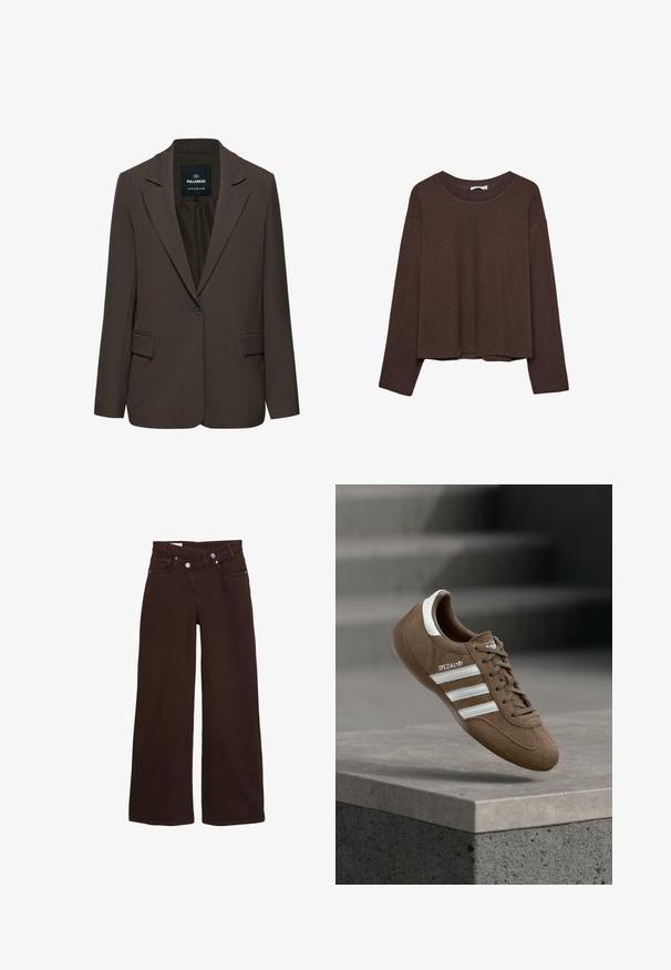 Blazer marron foncé à un bouton avec revers crantés et poches à rabat devant, étiquette Pull&Bear, taille EUR M USA M MEX 28.; Pull marron à coupe décontractée, col côtelé et manches longues. Texture lisse avec un ourlet arrondi et sans motifs ni accents visibles.; Jean taille haute, coupe large, couleur marron, avec fermeture éclair et bouton à l'avant, comprenant des poches avant et arrière.; Baskets Adidas Spezial en daim marron avec des bandes blanches et des lacets, flottant au-dessus d'un rebord en béton gris sur un fond d'escaliers flous.