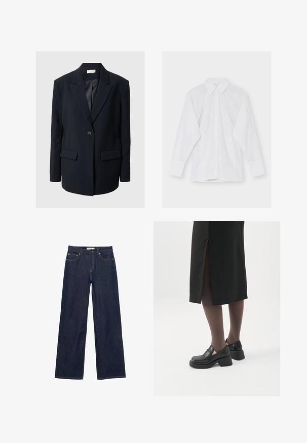 Skræddersyet sort blazer med klapkraver, enkelt knaplukning, to forlommer og teksturerede detaljer på ærmerne. Glat stof.; Hvid skjorte med lange ærmer, spids krave og skjulte knapper foran på ensfarvet baggrund.; Mørkeblå denim jeans med brede, lige ben, forlommer og lukning med knap og lynlås.; Kvinde iført sorte loafers med chunky hæl, sorte tynde strømpebukser og en sort nederdel med slids bagpå på hvid baggrund.