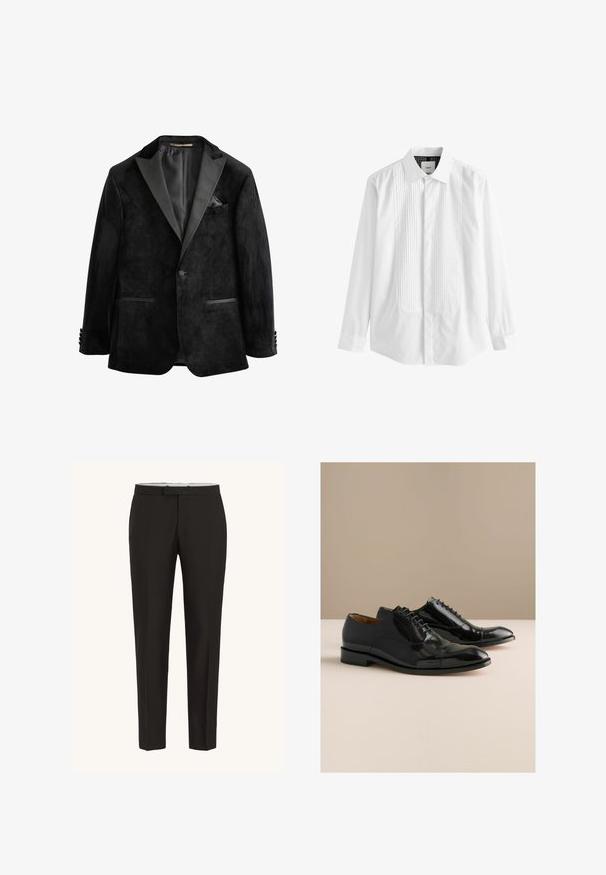 Veste de smoking en velours noir avec revers en satin, fermeture à un bouton et deux poches avant. Comprend un mouchoir de poche et une texture douce.; Chemise blanche à boutons avec un panneau avant plissé, col et manches longues, confectionnée en coton doux.; Pantalons noirs ajustés avec une coupe droite, fabriqués dans un tissu lisse. Comprennent une taille ajustée et des plis avant.; Chaussures de ville en cuir verni noir avec un bout arrondi, dotées d'un laçage frontal, d'un léger talon et de détails de coutures discrètes le long des coutures.