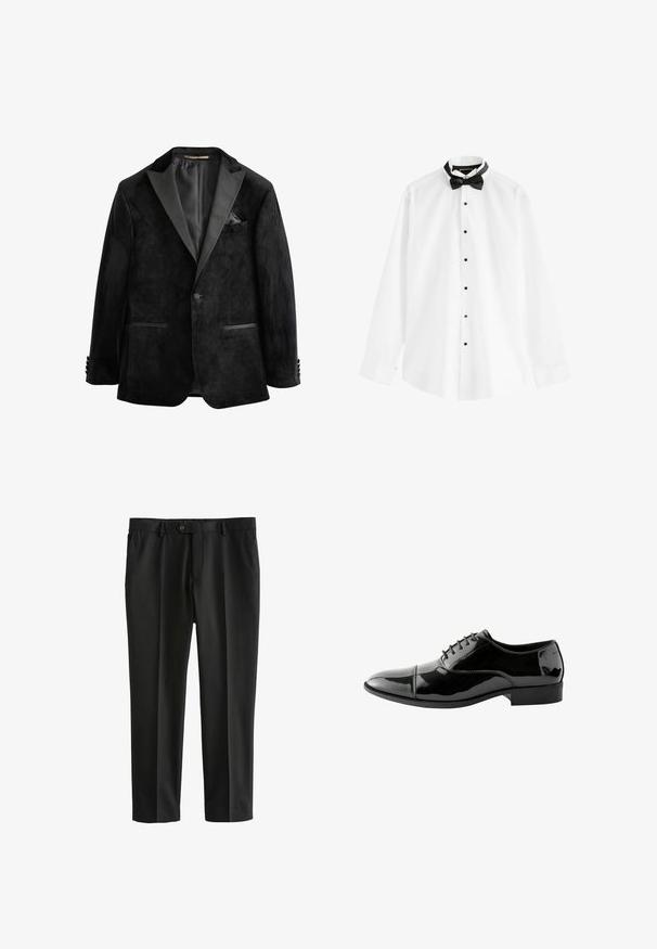 Veste de smoking en velours noir avec revers en satin, fermeture à un bouton et deux poches avant. Comprend un mouchoir de poche et une texture douce.; Chemise blanche à manches longues avec des boutons noirs et un nœud papillon noir pré-noué sur fond blanc.; Pantalons noirs en tissu lisse, avec une coupe droite, plis devant, taille standard et fermeture à un bouton.; Chaussure de ville en cuir verni noir avec un bout arrondi, un design à lacets, des détails de couture subtils et une semelle en caoutchouc au profil bas.