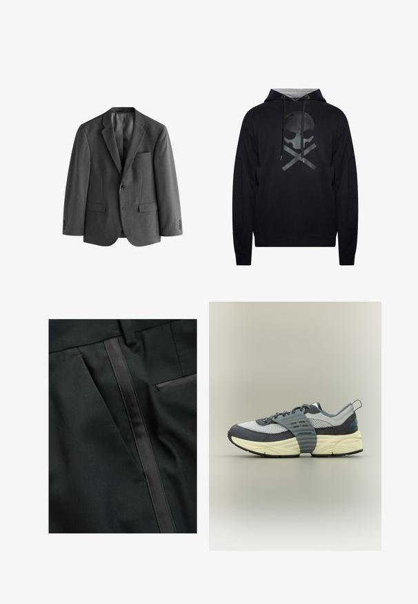 Blazer gris en tissu texturé, avec une fermeture à un bouton, des revers notch et une poche poitrine. Deux poches avant incluses.; Hoodie noir avec un graphique de skull et os croisés sur le devant. Comprend une capuche avec cordon de serrage, des poignets côtelés et des poches latérales.; Les pantalons noirs ajustés présentent une texture lisse, une bande satinée élégante sur le côté et une poche latérale à droite.; Baskets basses avec tige en mesh gris et suède, semelle intermédiaire crème, semelle extérieure noire et large sangle grise sur le médio-pied.