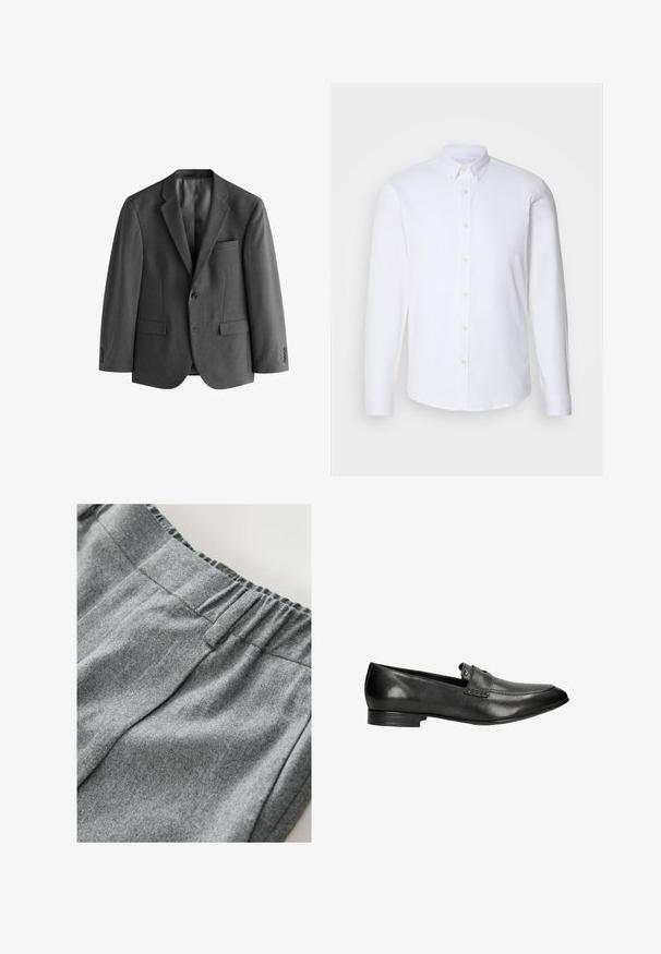 Blazer gris en tissu texturé, avec une fermeture à un bouton, des revers notch et une poche poitrine. Deux poches avant incluses.; Chemise blanche à manches longues avec boutons, fabriquée dans un tissu lisse, dotée d'un col classique, de huit boutons sur le devant et de poignets standards.; Tissu de sweat-shirt gris avec une texture douce, comportant une taille élastique et des détails de couture subtils. Vue en gros plan du matériau.; Mocassins en cuir noir avec un talon bas, un orteil arrondi et des coutures décoratives. Présentent une bande subtile à travers le dessus avec un accent métallique.