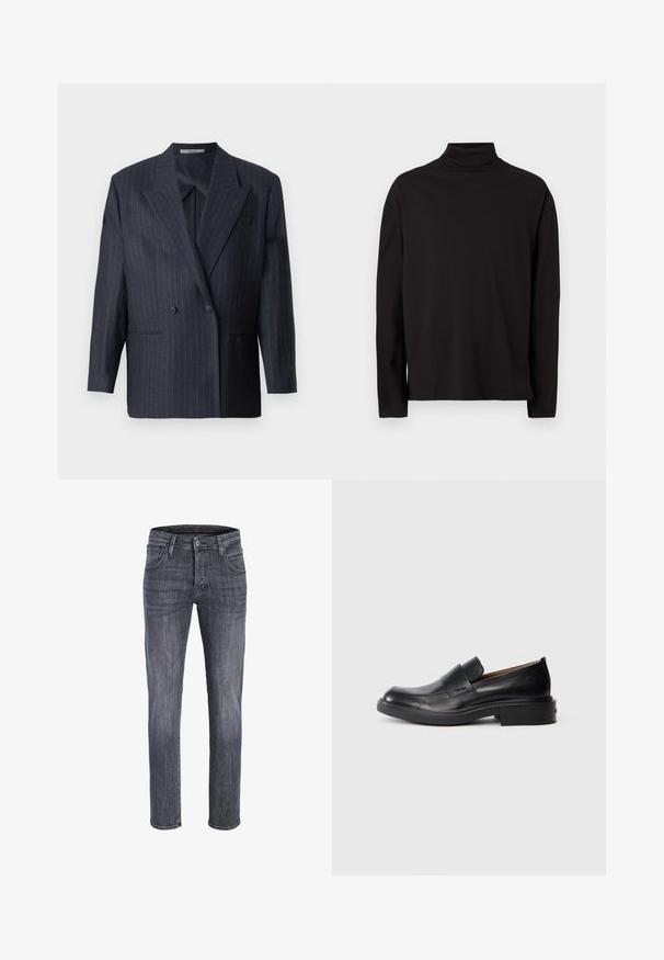 Marineblå stribet dobbeltradet blazer med brede revers, lavet af tekstureret stof. Funktioner lommer på fronten og to knapper.; Sort turtleneck langærmet top lavet af blød, glat stof med løs pasform og uden synlige mønstre eller detaljer.; Herre jeans med lige ben i mørkegråt denim med forreste knap og lynlås, bæltestropper og forlommer.; Sorte læder slip-on dress sko med lav hæl og subtil Calvin Klein logo på siden, vist i profil på en hvid baggrund.
