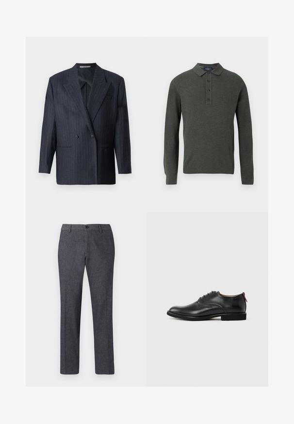 Marineblå stribet dobbeltradet blazer med brede revers, lavet af tekstureret stof. Funktioner lommer på fronten og to knapper.; Langærmet polo sweater i mørkegrøn, lavet af struktureret stof. Har en klassisk krave og tre knaplukninger.; DRYKORN AJEND - Chino - blue; Sort herresko i læder med snørebånd foran og rød træktab på hælen mod en ensfarvet baggrund.