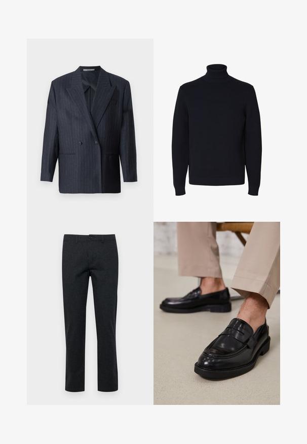 Marineblå stribet dobbeltradet blazer med brede revers, lavet af tekstureret stof. Funktioner lommer på fronten og to knapper.; Sort langærmet strikket rullekrave sweater med ribstrikkede ærmekant og kant, vist på hvid baggrund.; Mørke kullfarvede dressbukser lavet af tekstureret stof, med lige ben design, bæltesløjfer og en frontlukning med knap.; Sorte lædermokkasiner med en glat overflade, der har en dekorativ rem og kontraststing, parret med beige bukser.