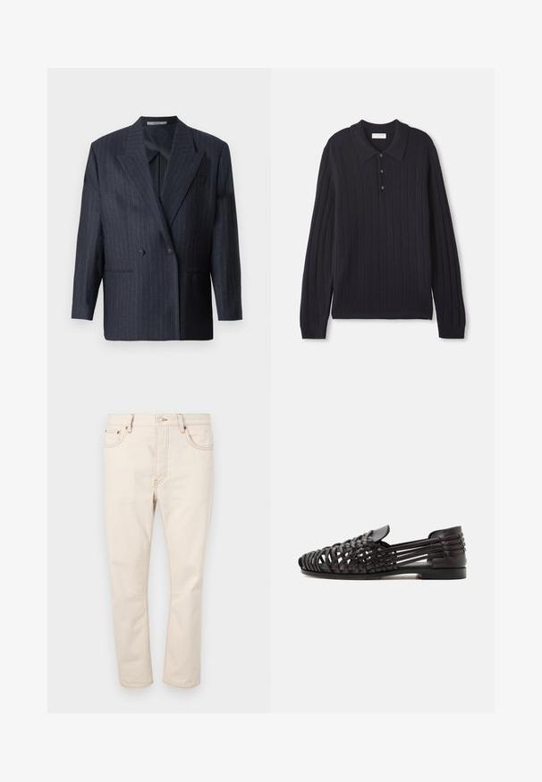 Marineblå stribet dobbeltradet blazer med brede revers, lavet af tekstureret stof. Funktioner lommer på fronten og to knapper.; Mørkeblå langærmet strikket polo sweater med tre knapper og ribbede manchetter, der har et struktureret lodret stribemønster.; Beige denim jeans med lige ben, der har fem lommer, kontrastsyninger og lukning med knap i taljen.; Sort vævet læder flad sandal med åben tå og lukket hæl, med flere tynde remme og lav hæl.