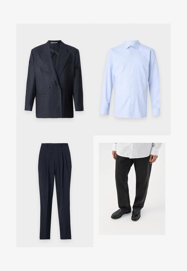 Navy striiped doppelt-knäppt blazer mit breiten Revers, aus strukturiertem Stoff. Verfügt über aufgesetzte Taschen und zwei Knöpfe.; Vaaleansininen pitkähihaisen paidan, jossa on ruutukuviota, nappisuljenta edessä, terävä kaulus ja hienovarainen tekstuuri. Muotoiltu istuvuus nappien kanssa hihansuissa.; Laivastonsiniset housut, joissa on korkea vyötärö, laskostettu etuosa ja yksi nappi kiinnityksessä. Kangas näyttää sileältä ja housuissa on muotoiltu istuvuus sekä suora lahkeiden malli.; Mustat farkut yhdistettynä kiiltäviin mustiin loafer-kenkiin. Paita on valkoinen, jossa on ohuita pystysuoria raitoja, pitkät hihat ja napitettavat kaulukset.
