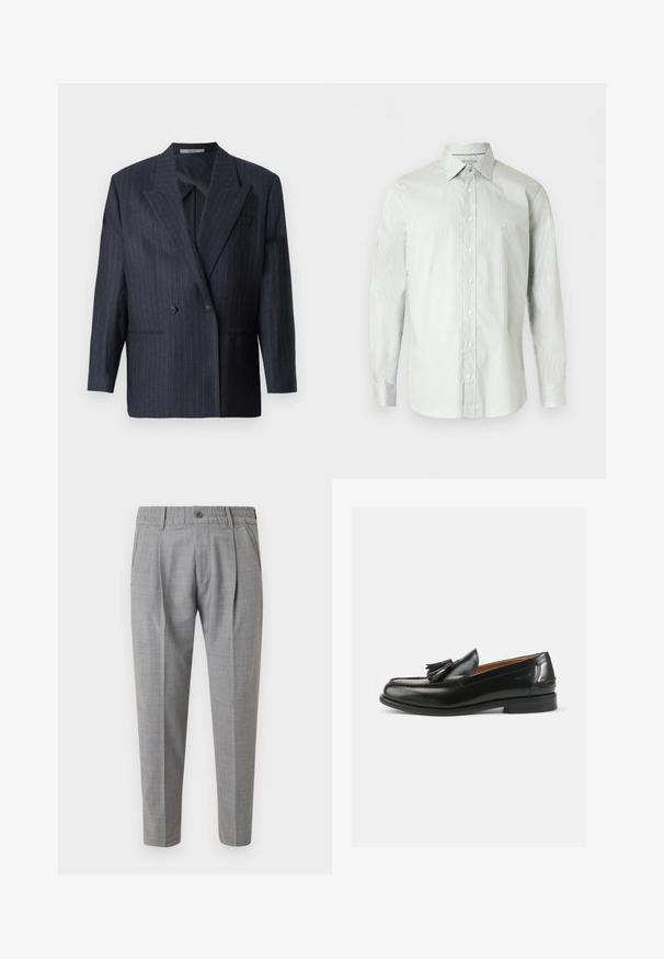 Marineblå stribet dobbeltradet blazer med brede revers, lavet af tekstureret stof. Funktioner lommer på fronten og to knapper.; Hvid langærmet skjorte med knapper, tynde lodrette grå striber, klassisk krave og manchetter, vist på en ensfarvet lys baggrund.; Lysegrå skræddersyede bukser med elastik i taljen, knaplukning, sidelommer og forreste læg, vist mod en ensfarvet baggrund.; Sorte læder loafers med en kvastdetalje, en rund dramatisk tå og en glat overflade. Sålens flade design har et minimalt mønster.