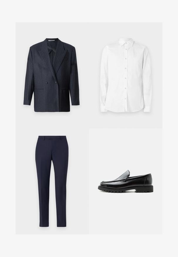 Marineblauwe gestreepte dubbelgeknoopte blazer met brede revers, gemaakt van een textuurstof. Voorzien van opgestikte zakken en twee knopen.; Witte blouse met lange mouwen en knopen, gemaakt van katoen. Heeft een puntige kraag en een klein geborduurd logo op de borst. Gladde textuur.; Marineblauwe op maat gemaakte broek met een strak ontwerp, platte voorkant, smalle benen en zonder zichtbare bevestigingsmiddelen of patronen. Glad stoffen textuur.; Zwarte leren loafer met dikke rubberen zool, gestikte bovenkant en gegraveerde merknaam op de hiel, zijaanzicht op witte achtergrond.