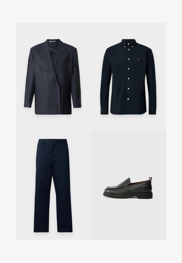 Marineblauwe gestreepte dubbelgeknoopte blazer met brede revers, gemaakt van een textuurstof. Voorzien van opgestikte zakken en twee knopen.; Donkerblauw overhemd met lange mouwen en een button-down kraag, met witte knopen en een klein drietalig logo op de linkerborst. Gemaakt van katoen.; Marineblauwe, rechte broek gemaakt van een katoenmix. Voorzien van een ritssluiting aan de voorkant, knoopsluiting en ceintuurlussen. Glad textuur.; Zwarte leren instapschoen met een ronde neus, een gestructureerde bovenzijde, contrasterende rode stiksels en een lage hak. Voorzien van een lusvormige trekstrip.