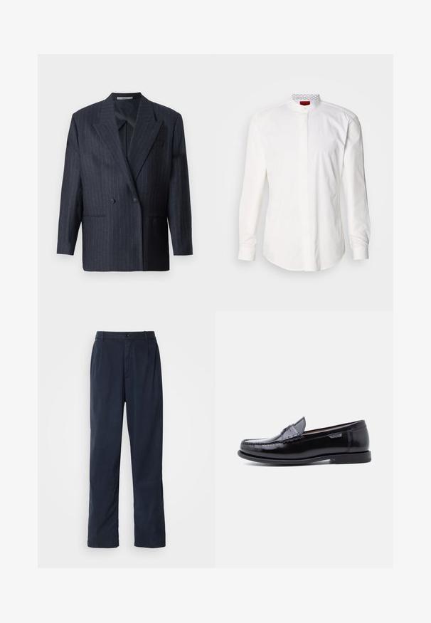 Blazer de rayas navy de doble botonadura con solapas anchas, hecho de una tela texturizada. Presenta bolsillos parche y dos botones.; Camisa blanca de manga larga con cuello alto, confeccionada en algodón. Presenta una tapeta frontal, diseño minimalista y una sutil marca en el interior del cuello.; Pantalones azul marino de mezcla de algodón. Cuentan con un diseño de pierna recta, cierre frontal con boton, y pliegues sutiles. Textura suave.; Mocasines de cuero negro con acabado brillante, que presentan un diseño cosido en la puntera y una suela baja de goma negra texturizada.