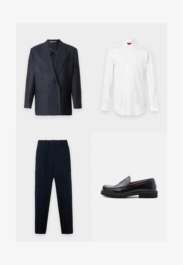 Blazer de rayas navy de doble botonadura con solapas anchas, hecho de una tela texturizada. Presenta bolsillos parche y dos botones.; Camisa blanca de manga larga con cuello puntiagudo y tapeta de botones oculta, mostrada sobre un fondo liso y claro.; Pantalones azul marino con cintura elástica y cordón. Diseño de pierna recta, con una textura suave y sin patrones visibles.; Mocasines de penny de cuero negro con suela de goma gruesa y costura tipo moc, presentados de perfil sobre un fondo blanco.