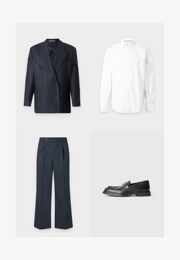 Blazer de rayas navy de doble botonadura con solapas anchas, hecho de una tela texturizada. Presenta bolsillos parche y dos botones.; Camisa blanca de manga larga con botones y cuello puntiagudo, mostrada sobre un fondo gris claro liso.; Pantalones de pierna ancha a rayas marinas con pliegues frontales, cierre de un botón y tela suave. Presentan rayas verticales verdes como detalle.; Mocasines de cuero negro con acabado texturizado, que cuentan con una correa decorativa en la parte delantera y punta redondeada. Suela de goma para mayor durabilidad.