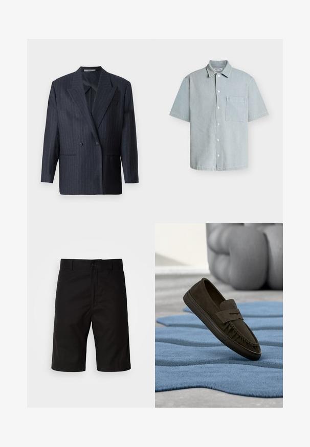 Marineblå stribet dobbeltradet blazer med brede revers, lavet af tekstureret stof. Funktioner lommer på fronten og to knapper.; Lyseblå kortærmet skjorte med knapper, krave og brystlomme, lavet af tekstureret stof.; Sorte shorts lavet af ensartet stof, med lige snit, knaplukning og en glat tekstur uden synlige mønstre.; Mørkebrune ruskind loafers, der svæver over et tekstureret blåt tæppe med skulptureret gråt møblement sløret i baggrunden.