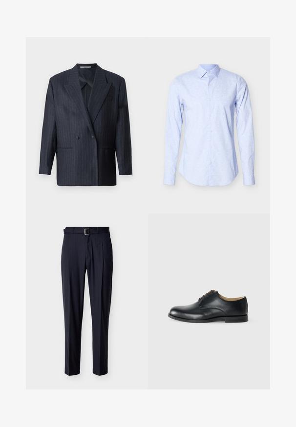 Blazer de rayas navy de doble botonadura con solapas anchas, hecho de una tela texturizada. Presenta bolsillos parche y dos botones.; Camisa de manga larga de color azul claro, confeccionada en tela suave, con un sutil patrón floral, cierre de botones al frente y diseño de cuello clásico.; Pantalones a rayas azul marino entallados con un cinturón a juego y una hebilla rectangular plateada, exhibidos planos sobre un fondo claro.; Calvin Klein ESS DERBY - Zapatos de vestir - triple black