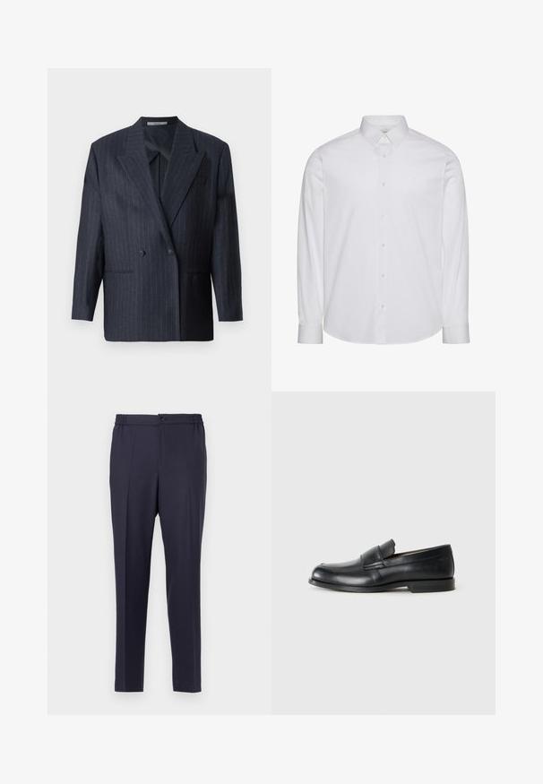 Blazer de rayas navy de doble botonadura con solapas anchas, hecho de una tela texturizada. Presenta bolsillos parche y dos botones.; Camisa blanca de manga larga con botones, hecha de algodón. Presenta un cuello estándar, tapeta frontal con botones y dobladillo redondeado. Logo de la marca discreto.; Pantalones azul marino con frente plano, cintura elástica y cierre de botón. Corte recto y textura suave, adecuados para uso formal o casual.; Mocasines de cuero negro con punta redondeada, detalles cosidos y suela plana de goma. Presentan una banda ancha sobre el empeine.