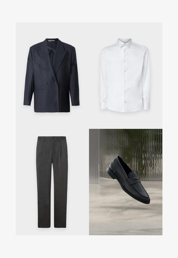 Marineblå stribet dobbeltradet blazer med brede revers, lavet af tekstureret stof. Funktioner lommer på fronten og to knapper.; Hvid langærmet skjorte lavet af glat stof, med en klassisk krave, knaplukning og manchetter med knapper, vist på en ensfarvet baggrund.; Grå skræddersyede bukser med lige ben, der har en frontfold, lynlås og knaplukning. Glat tekstur, klassisk design.; Sort læderloafer med glat finish, spids tå og sømdetaljer over vristen. Lav hæl og minimalistisk design.