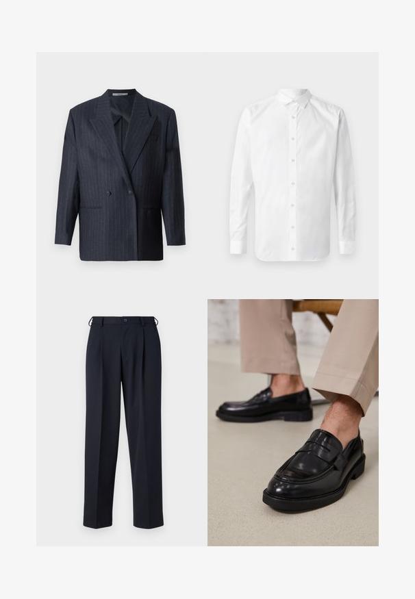 Marineblå stribet dobbeltradet blazer med brede revers, lavet af tekstureret stof. Funktioner lommer på fronten og to knapper.; Hvid langærmet skjorte med knapper, klassisk krave, frontplacket med knapper og en glat bomuldsstruktur.; Marineblå skræddersyede bukser med knap- og lynlåslukning foran, bæltestropper og sidelommer, vist på en hvid baggrund.; Sorte lædermokkasiner med en glat overflade, der har en dekorativ rem og kontraststing, parret med beige bukser.