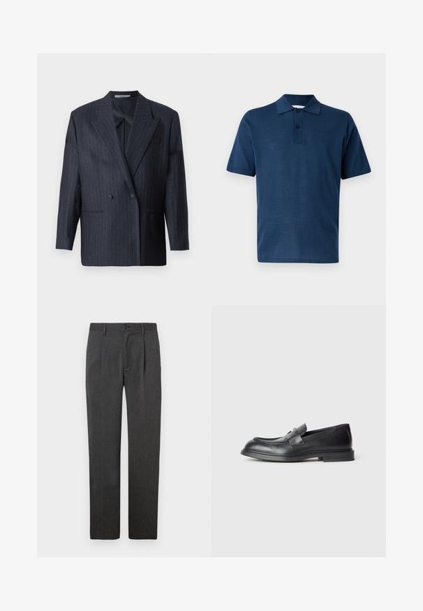Marineblå stribet dobbeltradet blazer med brede revers, lavet af tekstureret stof. Funktioner lommer på fronten og to knapper.; Marineblå kortærmet polo med to knapper i stolpelukning og klassisk krave på en lysgrå baggrund.; Grå skræddersyede bukser med lige ben, der har en frontfold, lynlås og knaplukning. Glat tekstur, klassisk design.; Sorte læder loafers med en struktureret finish, der har en dekorativ frontrem og en rundet tå. Gummisål for holdbarhed.
