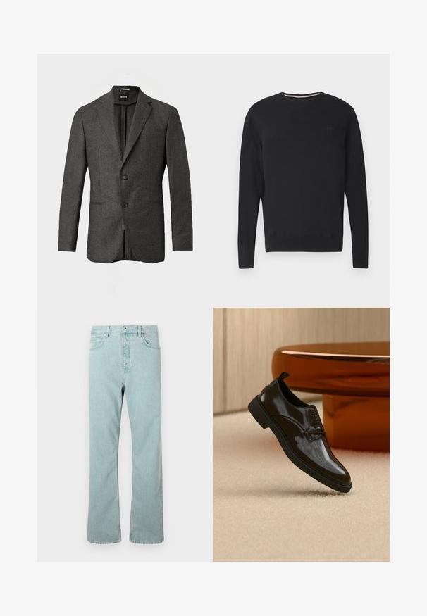 Blazer pour homme gris foncé avec deux boutons à l'avant, revers crantés et poche poitrine, présenté sur un fond clair uni.; Pull noir à manches longues avec col rond, logo discret "BOSS" sur la poitrine, poignets et ourlet côtelés, présenté sur fond blanc.; Jeans en denim bleu clair avec une coupe droite, cinq poches et une fermeture à un bouton. Finition avec des détails de couture subtils.; Chaussure habillée noire brillante en cuir à lacets flottant au-dessus d'un tapis beige avec une table ronde marron brillante en arrière-plan.