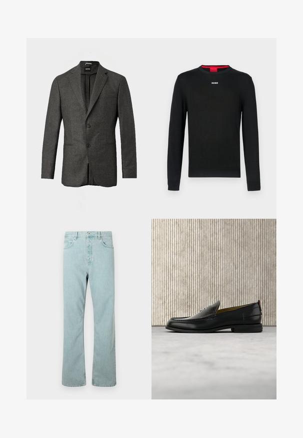 Blazer de hombre en gris oscuro con dos botones en la parte frontal, solapas con muesca y un bolsillo en el pecho, mostrado sobre un fondo claro y liso.; Suéter negro de manga larga con escote redondo, puños y dobladillo acanalados. Presenta un pequeño logo blanco "HUGO" centrado en el pecho.; Jean de mezclilla azul claro con un corte recto, cinco bolsillos y un cierre de botón único. Terminado con detalles de costura sutiles.; Mocasín de cuero negro para hombre con empeine grabado en relieve de cocodrilo y tacón bajo, mostrado de perfil sobre un fondo neutro.