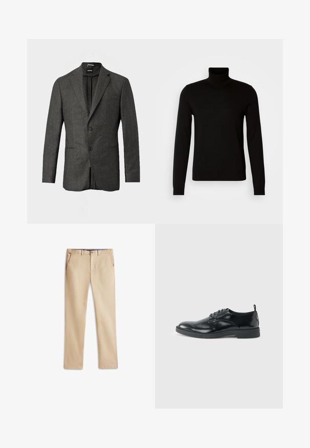 Dunkelgrauer Herrenblazer mit zwei vorderen Knöpfen, Reverskragen und Brusttasche, vor einem einfarbigen hellen Hintergrund präsentiert.; Schwarzer Rollkragenpullover aus feiner Strickware, mit langen Ärmeln und taillierter Silhouette. Glatte Textur mit gerippten Bündchen.; Beige Chinos aus Baumwolle, mit geradem Bein, zwei Vordertaschen und einem dezenten Logo-Detail am Bund.; Glänzender schwarzer Lederschuh mit niedrigem Absatz, Schnürverschluss und runder Kappe, seitlich auf hellem, schlichten Hintergrund gezeigt.