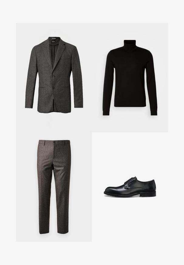 Dunkelgrauer Herrenblazer mit zwei vorderen Knöpfen, Reverskragen und Brusttasche, vor einem einfarbigen hellen Hintergrund präsentiert.; Schwarzer Rollkragenpullover aus feiner Strickware, mit langen Ärmeln und taillierter Silhouette. Glatte Textur mit gerippten Bündchen.; Braune Herringbone-Hosen mit schlanker Passform, ausgestattet mit einem Knopfverschluss vorne und seitlichen Taschen, aus strukturiertem Stoff mit einem dezenten Glanz.; Schwarzer polierter Herrenschuh aus Leder mit geschlossenem Schnürsystem, niedrigem Absatz und dezentem Marken-Detail nahe der Ferse auf weißem Hintergrund.