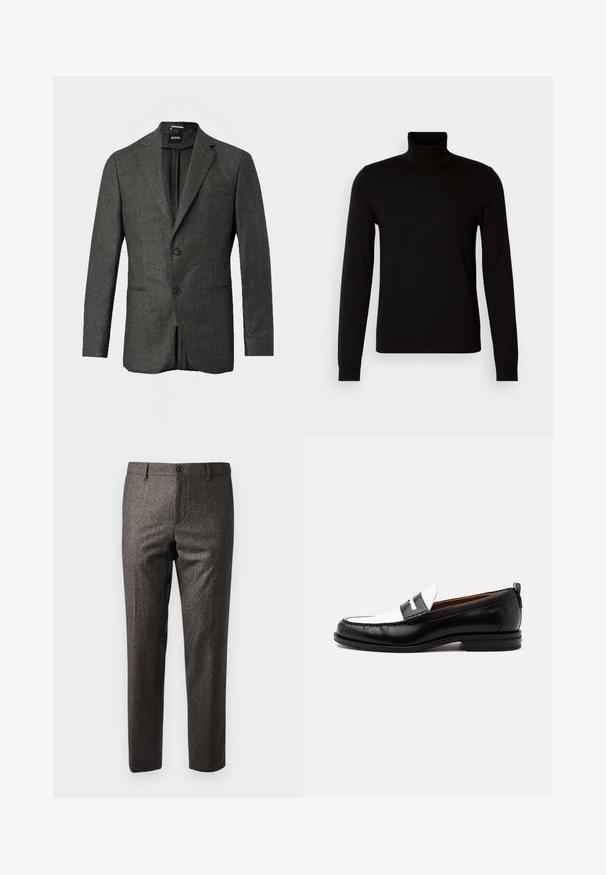Blazer de hombre en gris oscuro con dos botones en la parte frontal, solapas con muesca y un bolsillo en el pecho, mostrado sobre un fondo claro y liso.; Suéter negro de cuello alto confeccionado en un tejido de punto fino, con mangas largas y una silueta ajustada. Textura suave con puños acanalados.; Pantalones marrones de espiga con un corte ajustado, que presentan un cierre delantero de botón y bolsillos laterales, elaborados en una tela texturizada con un ligero brillo.; Mocasín de cuero blanco y negro con detalles cosidos, tacón bajo y diseño tipo slip-on, mostrado de lado sobre un fondo liso.