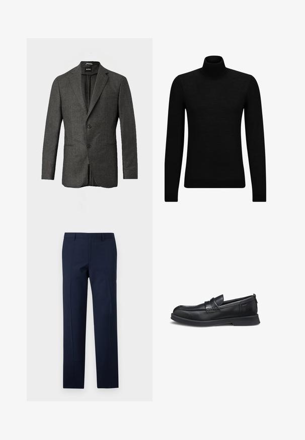 Blazer de hombre en gris oscuro con dos botones en la parte frontal, solapas con muesca y un bolsillo en el pecho, mostrado sobre un fondo claro y liso.; Jersey de cuello alto negro hecho de un material suave, con mangas largas y un ajuste ceñido. Ribete acanalado en el dobladillo y los puños. Diseño simple.; Pantalones azul marino con un corte entallado, que presentan una textura suave, pliegues marcados y un diseño de frente plano. Cierre de cremallera oculta.; Mocasín de cuero negro con punta redondeada, tacón bajo y detalle de correa cosida sobre fondo blanco, mostrado de lado.