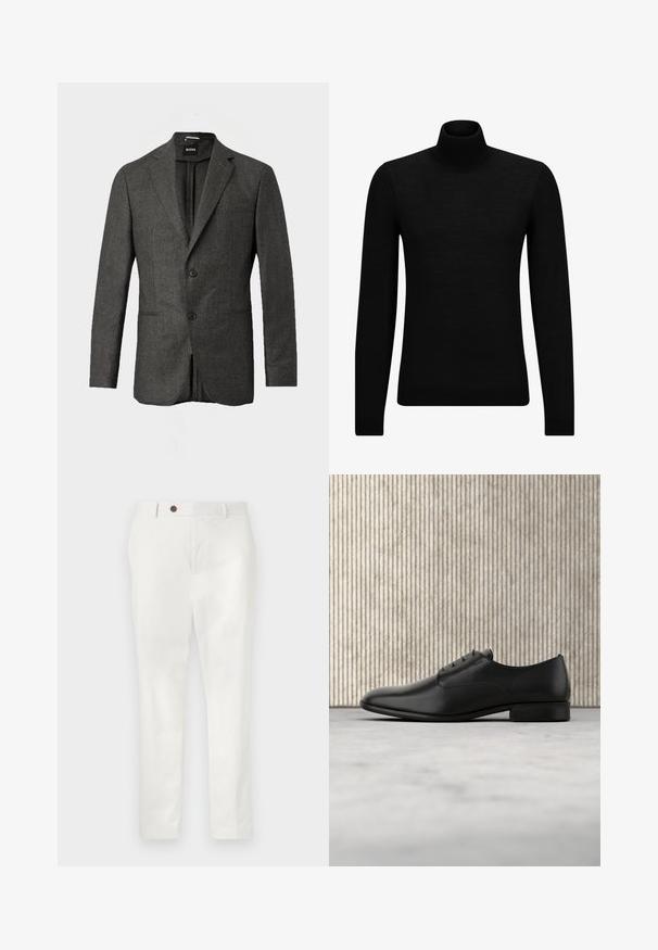Blazer de hombre en gris oscuro con dos botones en la parte frontal, solapas con muesca y un bolsillo en el pecho, mostrado sobre un fondo claro y liso.; Jersey de cuello alto negro hecho de un material suave, con mangas largas y un ajuste ceñido. Ribete acanalado en el dobladillo y los puños. Diseño simple.; Pantalones blancos hechos de una tela ligera, con un diseño de pierna recta, un solo botón marrón en la cintura y un estilo minimalista.; Zapato de vestir de cuero negro con un diseño elegante, punta redonda, cinco ojales para los cordones y un pequeño tacón elevado. Detalle de logo sutilmente embossado.