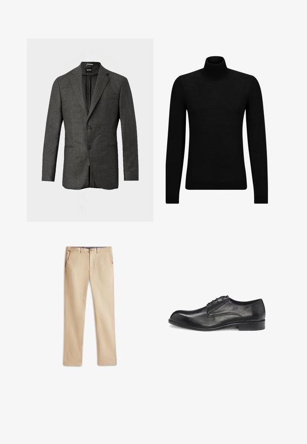 Blazer de hombre en gris oscuro con dos botones en la parte frontal, solapas con muesca y un bolsillo en el pecho, mostrado sobre un fondo claro y liso.; Jersey de cuello alto negro hecho de un material suave, con mangas largas y un ajuste ceñido. Ribete acanalado en el dobladillo y los puños. Diseño simple.; Chinos beige de algodón, con un diseño de pierna recta, dos bolsillos delanteros y un sutil detalle de logo en la cintura.; Zapato de vestir de cuero negro con cierre de cordones, acabado liso, punta redondeada, costuras mínimas y suela plana de goma. El lateral presenta el logo de la marca.