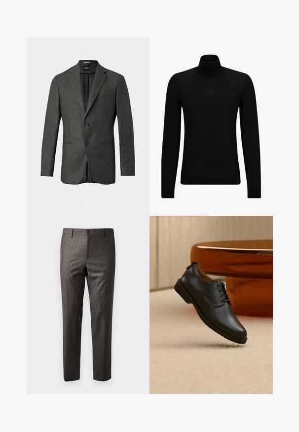 Blazer pour homme gris foncé avec deux boutons à l'avant, revers crantés et poche poitrine, présenté sur un fond clair uni.; Pull à col roulé noir en matériau doux, avec des manches longues et une coupe ajustée. Finition côtelée au bas et aux poignets. Design simple.; Pantalons marron à chevrons avec une coupe slim, dotés d'une fermeture à bouton à l'avant et de poches latérales, fabriqués en tissu texturé avec un léger éclat.; Chaussure habillée en cuir noir avec lacets, suspendue au-dessus d'un tapis beige clair, table ronde orange en arrière-plan.