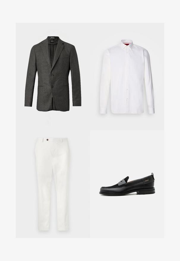 Blazer de hombre en gris oscuro con dos botones en la parte frontal, solapas con muesca y un bolsillo en el pecho, mostrado sobre un fondo claro y liso.; Camisa blanca de manga larga hecha de algodón, con un collar clásico, placket frontal con botones y una textura suave. Detalle interior del collar en rojo.; Pantalones blancos hechos de una tela ligera, con un diseño de pierna recta, un solo botón marrón en la cintura y un estilo minimalista.; Mocasín de cuero negro con detalle de tira gris, tacón bajo y suela texturizada, con la marca "HUGO" en oro en el lateral.