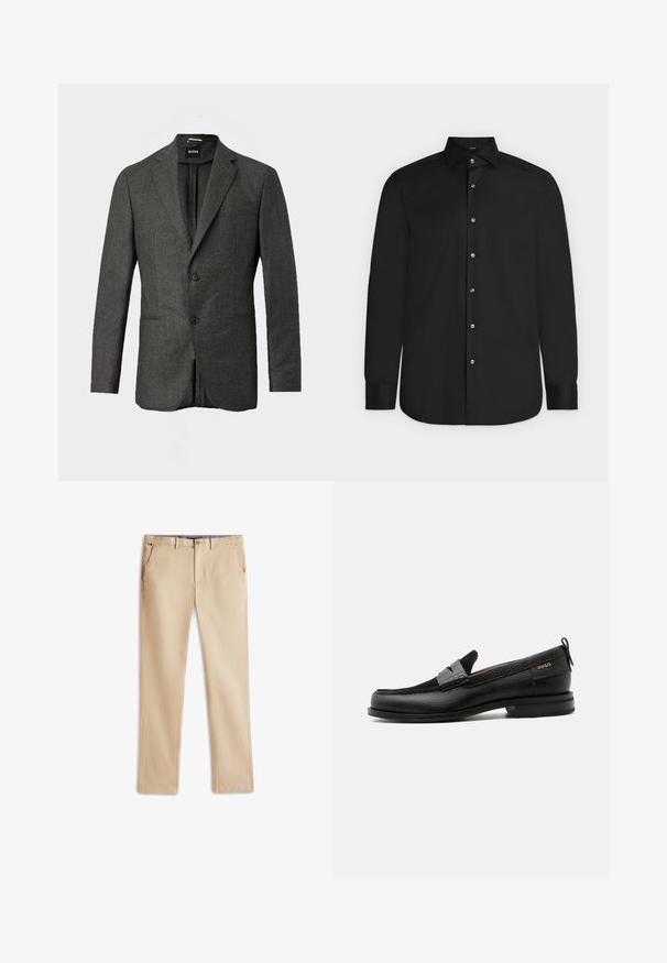 Donkergrijze herenblazer met twee voorknopen, notch revers en een borstzak, weergegeven tegen een effen lichte achtergrond.; Zwart shirt met lange mouwen met knopen, puntige kraag en witte knopen, plat weergegeven op een lichte achtergrond.; Beige chino's van katoen, met een rechte pijp ontwerp, twee voorkruiken en een subtiele logo-detail op de tailleband.; Zwarte leren loafer met grijs riemdetailelement, lage hak en gestructureerde zool, aan de zijkant gebrandmerkt met "HUGO" in goud.