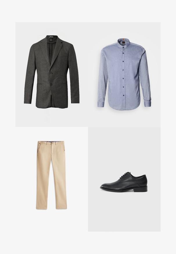 Mørkegrå herreblazer med to forknapper, notched lapels og en brystlomme, vist mod en ensfarvet lys baggrund.; Knappeskjorte i lyseblåt stof med ståkrave, lange ærmer og mørkeblå knapper. Blød tekstur med subtilt mønster.; Beige chinos lavet af bomuld, med et lige ben design, to frontlommer og en diskret logo detalje på taljebåndet.; Sorte læderherresko med en struktureret finish, snørelukning, spids tå og flad hæl. Har en glat overflade med subtile mønsterdetaljer.