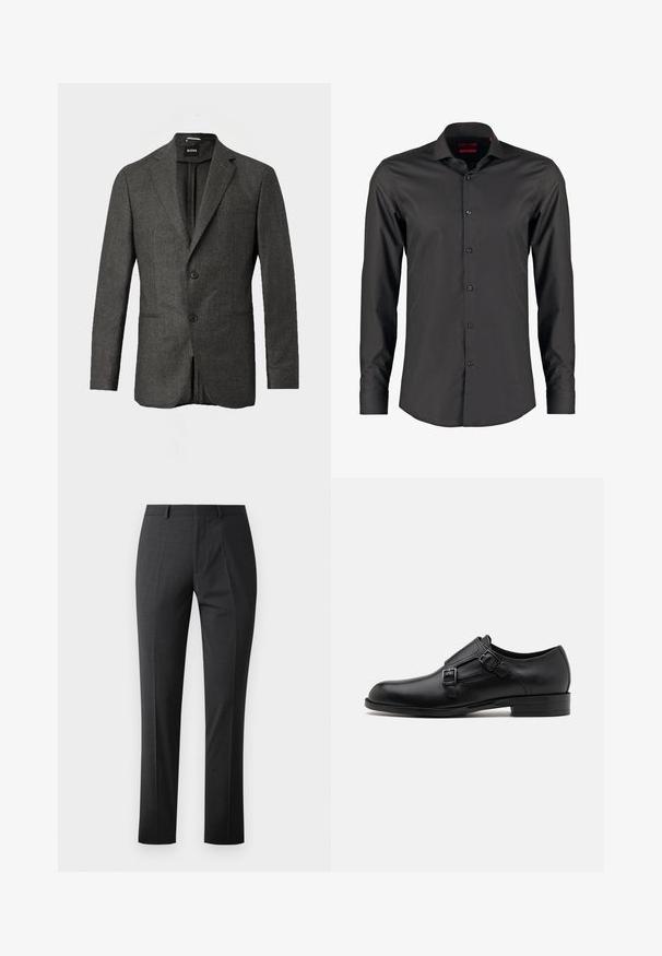 Blazer de hombre en gris oscuro con dos botones en la parte frontal, solapas con muesca y un bolsillo en el pecho, mostrado sobre un fondo claro y liso.; Camisa negra de manga larga con un ajuste ceñido, confeccionada en tejido suave. Presenta un collar puntiagudo y seis botones en la parte delantera.; Pantalones oscuros grises a medida con una textura suave, corte ajustado, frente plano y cinturilla estándar. Presentan pliegues marcados y sin patrones visibles.; Zapato de vestir de cuero negro con doble hebilla, silueta elegante y punta redonda. Cuenta con un tacón bajo y una textura suave.