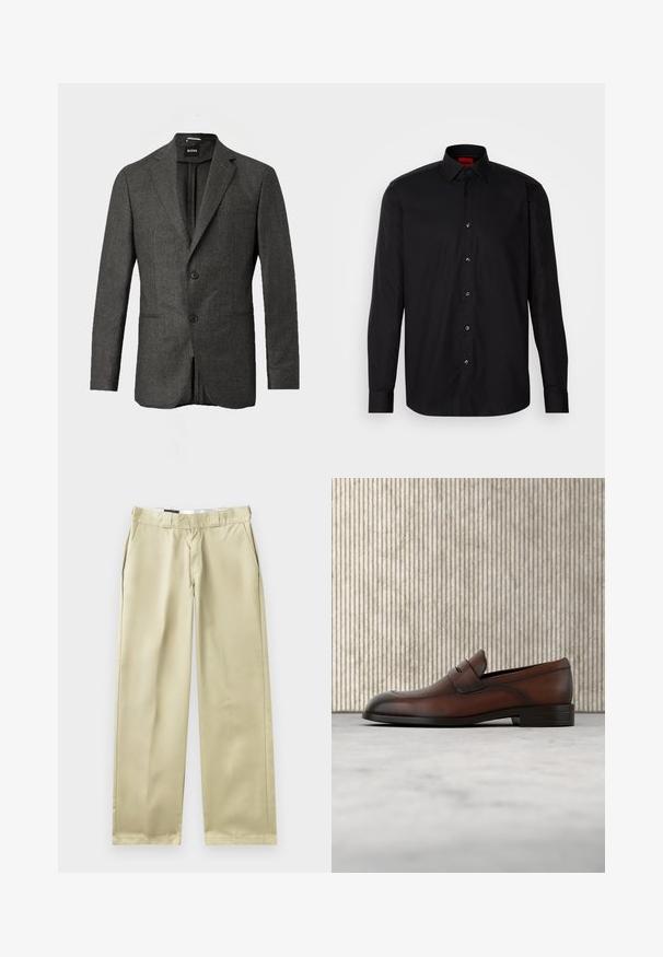 Mørkegrå herreblazer med to forknapper, notched lapels og en brystlomme, vist mod en ensfarvet lys baggrund.; Sort langermet skjorte lavet af glat stof, med en klassisk krave, knaplukning foran og skræddersyet pasform.; Beige bukser med lige snit, lavet af glat stof. Har sidelommer og et klassisk liv med bæltesløjfer.; Brun læder herreloafer med perforeret front og spænde-detalje, placeret over beige tæppe, med et rundt blankt brunt bord i baggrunden.