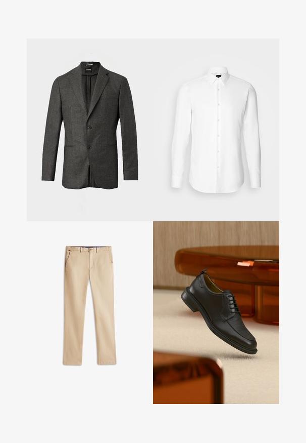 Mørkegrå herreblazer med to forknapper, notched lapels og en brystlomme, vist mod en ensfarvet lys baggrund.; Hvid skjorte med lange ærmer, knaplukning foran, klassisk krave, lavet af glat stof med en subtil tekstur, designet til et tætsiddende udseende.; Beige chinos lavet af bomuld, med et lige ben design, to frontlommer og en diskret logo detalje på taljebåndet.; Sort lædersko med snørebånd og tekstureret front, svævende over beige tæppe i et moderne rum med møbler i ravfarvet toning.