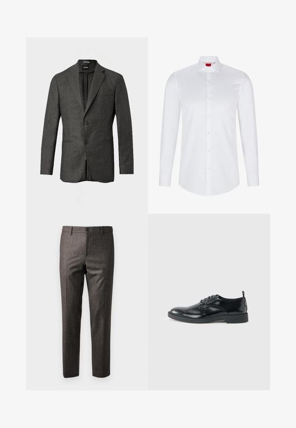 Donkergrijze herenblazer met twee voorknopen, notch revers en een borstzak, weergegeven tegen een effen lichte achtergrond.; Witte lange mouwen knoopsluiting shirt gemaakt van soepel katoen. Beschikt over een klassieke kraag, volledige knoopsluiting en afgeronde zoom.; Bruine visgraatbroek met een slim fit, voorzien van een knoopsluiting aan de voorkant en zijzakken, gemaakt van een gestructureerde stof met een subtiele glans.; Glanzende zwarte lederen nette schoen met lage hak, vetersluiting en ronde neus, van opzij getoond tegen een effen lichte achtergrond.