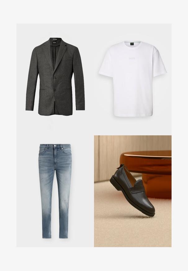 Blazer pour homme gris foncé avec deux boutons à l'avant, revers crantés et poche poitrine, présenté sur un fond clair uni.; T-shirt en coton blanc à manches courtes, col rond, avec un logo « BOSS » en relief sur la poitrine. Texture lisse, coupe standard.; Jean slim bleu clair délavé avec fermeture devant par bouton et zip, cinq poches et détails subtilement délavés.; Mocassin en cuir noir à talon bas flottant au-dessus d'un tapis beige, à côté d'une table brillante couleur ambre dans une pièce minimaliste.