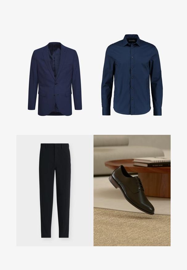 Mørkeblå blazer lavet af tekstureret stof, med en to-knaps lukning, en notch revers og forlommer. Indvendig er der et mønstret foer.; Marinblå langærmet skjorte lavet af glat stof, med klassisk krave, frontknapper og en tætsiddende pasform med rundet kant.; Sorte skræddersyede slim-fit bukser med bæltestropper og skjult forlukning foran, vist på en hvid baggrund.; Sort lædersko med snørebånd, der svæver over et tekstureret beige tæppe i en moderne stue med et træbord og bøger.