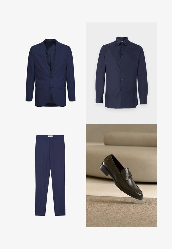 Blazer azul marino hecho de tela texturizada, con cierre de dos botones, solapa con muesca y bolsillos frontales. El interior tiene un forro estampado.; Camisa de botonadura en azul marino, hecha de una tela suave, con cuello clásico, mangas largas y siete botones negros en el frente.; Pantalones de vestir de color navy, confeccionados en una tela suave, con un corte plano en la parte delantera, dos bolsillos laterales, cremallera y dobladillo limpio sin patrones ni acentos.; Zapato mocasín de cuero negro flotando sobre una alfombra beige con un sofá beige en el fondo, mostrando el diseño clásico para hombres sin cordones.