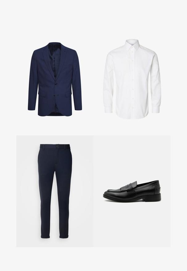 Marineblaues Blazer aus strukturiertem Stoff, mit einer Zwei-Knopf-Verschluss, einem geflammten Revers und Taschen auf der Vorderseite. Innen ist das Blazer mit einem gemusterten Futter ausgestattet.; Weißes langärmeliges Hemd mit spitzem Kragen, sichtbaren Knöpfen auf der Vorderseite und geknöpften Manschetten.; Marineblaue Hose aus weichem Stoff, mit Knopfverschluss, Gürtelschlaufen und umgeschlagenen Säumen. Glatte Textur mit tailliertem Design.; Schwarzer Leder-Herrenloafer mit Quasten-Detail, abgerundeter Spitze, niedrigem Absatz und glatter, polierter Oberfläche, von der Seite auf weißem Hintergrund dargestellt.