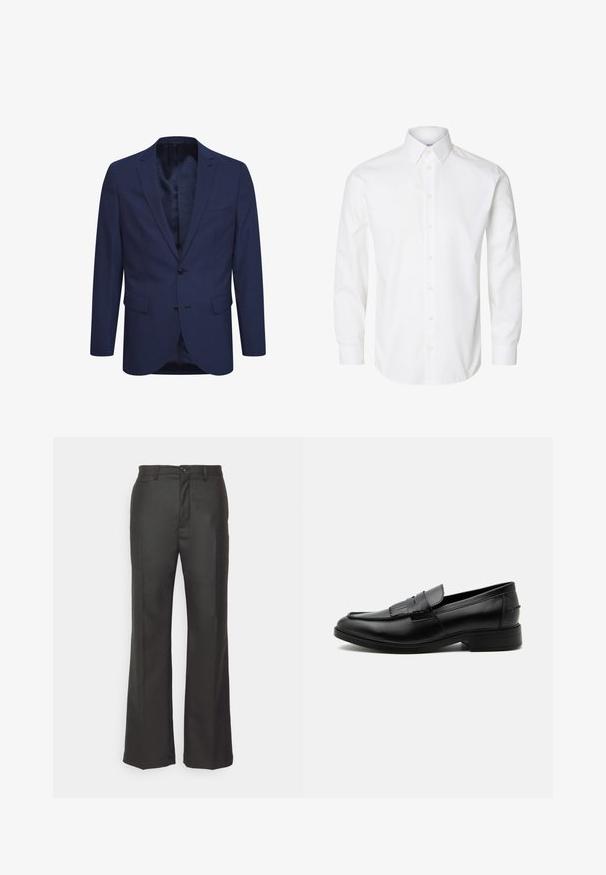 Marineblaues Blazer aus strukturiertem Stoff, mit einer Zwei-Knopf-Verschluss, einem geflammten Revers und Taschen auf der Vorderseite. Innen ist das Blazer mit einem gemusterten Futter ausgestattet.; Weißes langärmeliges Hemd mit spitzem Kragen, sichtbaren Knöpfen auf der Vorderseite und geknöpften Manschetten.; forét Stoffhose - dark grey; Schwarzer Leder-Herrenloafer mit Quasten-Detail, abgerundeter Spitze, niedrigem Absatz und glatter, polierter Oberfläche, von der Seite auf weißem Hintergrund dargestellt.