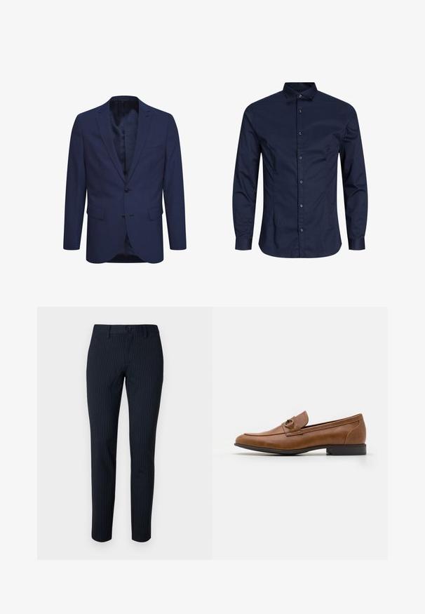 Marineblaues Blazer aus strukturiertem Stoff, mit einer Zwei-Knopf-Verschluss, einem geflammten Revers und Taschen auf der Vorderseite. Innen ist das Blazer mit einem gemusterten Futter ausgestattet.; Dunkelblaue Langarmhemd, Knopfverschluss, aus Baumwollstoff, mit Kragen, frontaler Knopfverschluss, glatte Textur, ohne auffällige Muster oder Akzente.; Marineblaue Hose mit feinen vertikalen Streifen, aus einem glatten Stoff gefertigt. Verfügt über einen Knopfverschluss und eine taillierte Passform mit geraden Beinen.; Braune Lederloafers mit flachem Absatz, die eine dekorative Metallakzentuiert auf der Vorderseite, ein elegantes Design und eine glatte Textur aufweisen.