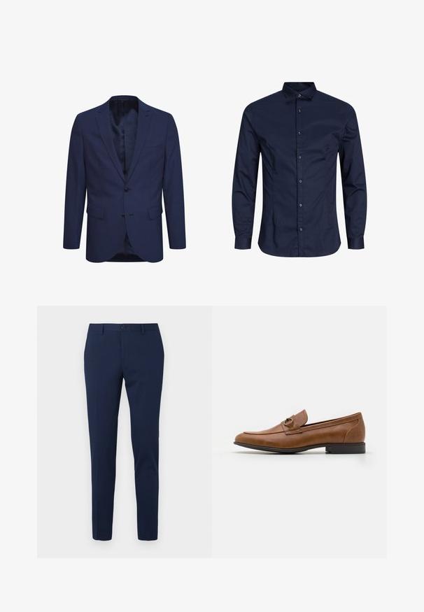 Blazer azul marino hecho de tela texturizada, con cierre de dos botones, solapa con muesca y bolsillos frontales. El interior tiene un forro estampado.; Camisa de botones de manga larga color azul marino, de tela de algodón, con cuello, cierre frontal con botones, textura suave, sin patrones ni acentos notables.; Pantalones de vestir color azul marino con diseño de pierna recta, hechos de un tejido suave. Cuentan con cierre frontal de botón y dos bolsillos laterales.; Mocasines de cuero marrón con tacón plano, que cuentan con un acento metálico decorativo en la parte delantera, diseño elegante y textura suave.