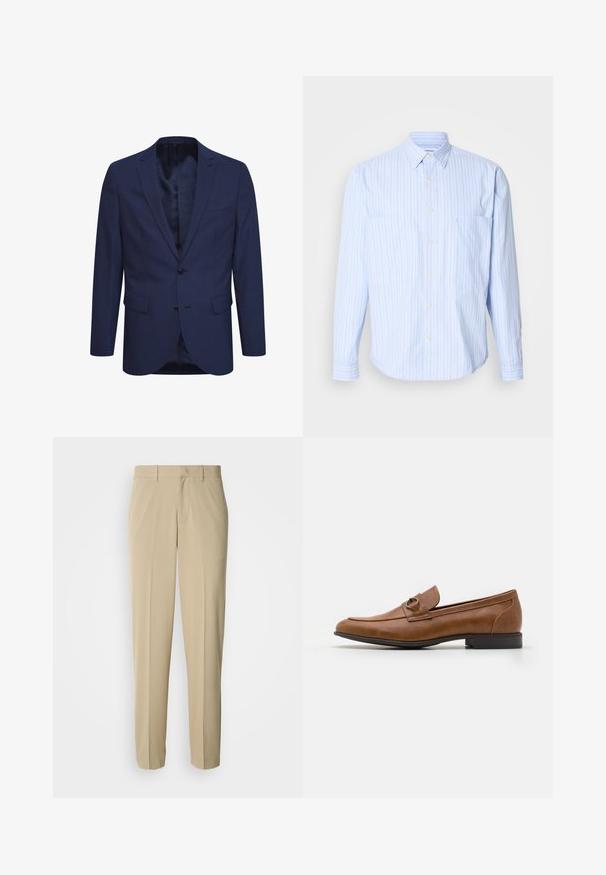 Marineblaues Blazer aus strukturiertem Stoff, mit einer Zwei-Knopf-Verschluss, einem geflammten Revers und Taschen auf der Vorderseite. Innen ist das Blazer mit einem gemusterten Futter ausgestattet.; Himmelblaues Button-Down-Hemd mit vertikalen Streifen in Weiß und Pastellfarben, aus weichem Baumwollstoff, mit zwei Brusttaschen und langen Ärmeln.; Beige Anzugshosen mit geradem Bein, aus einem glatten Stoff, mit flacher Vorderseite und ohne sichtbare Taschen oder Verzierungen.; Braune Lederloafers mit flachem Absatz, die eine dekorative Metallakzentuiert auf der Vorderseite, ein elegantes Design und eine glatte Textur aufweisen.